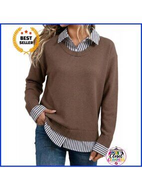 Dokotoo Women's Long Sleeve Polo V Neck Knit Pullover Sweater